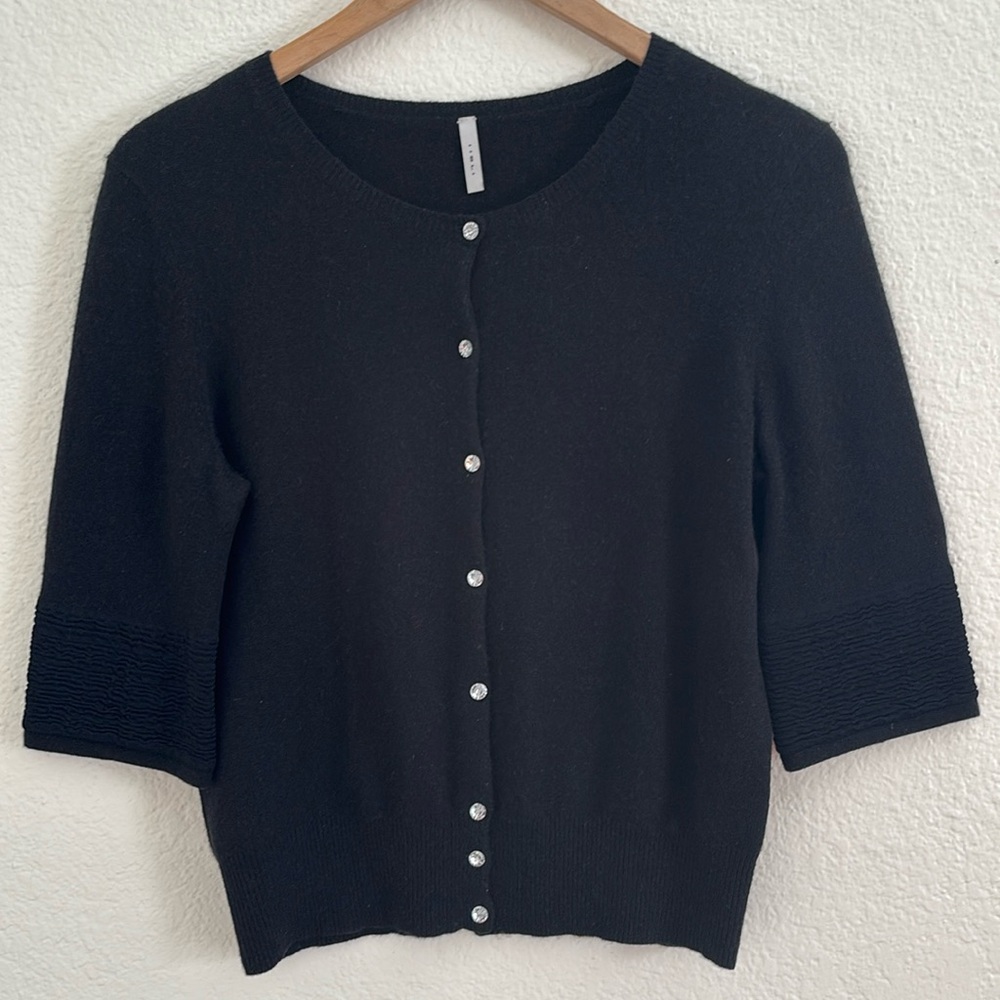 IISLI 100% Cashmere Classic Black Neutral Preppy Cardigan Sweater Business